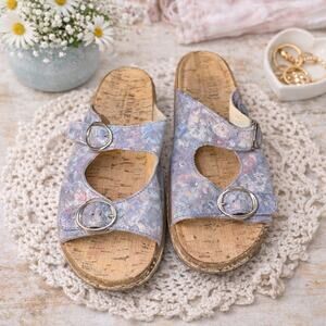 La Plume Metallic Leather Sandals Made Italy Sz 38 / 7.5 - 8 Blue Double Buckle